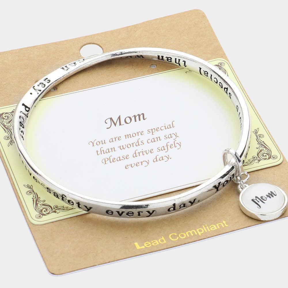 Silver Mom Message Charm Metal Bangle Bracelet - Jewelry Store by Erik Rayo
