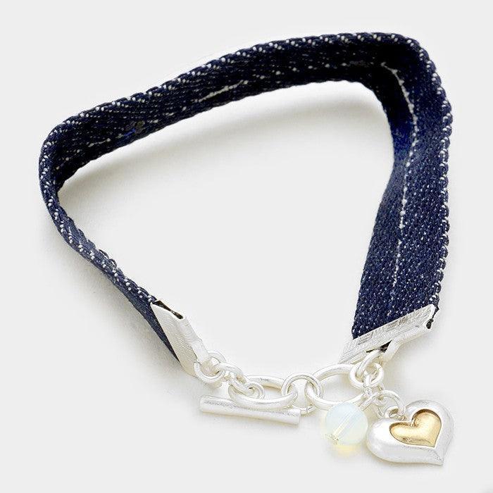Silver Always in my heart message bar & denim toggle bracelet - Jewelry Store by Erik Rayo