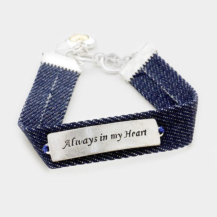 Silver Always in my heart message bar & denim toggle bracelet - Jewelry Store by Erik Rayo
