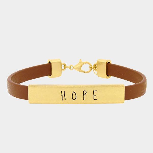Gold Hope message bar faux leather bracelet - Jewelry Store by Erik Rayo
