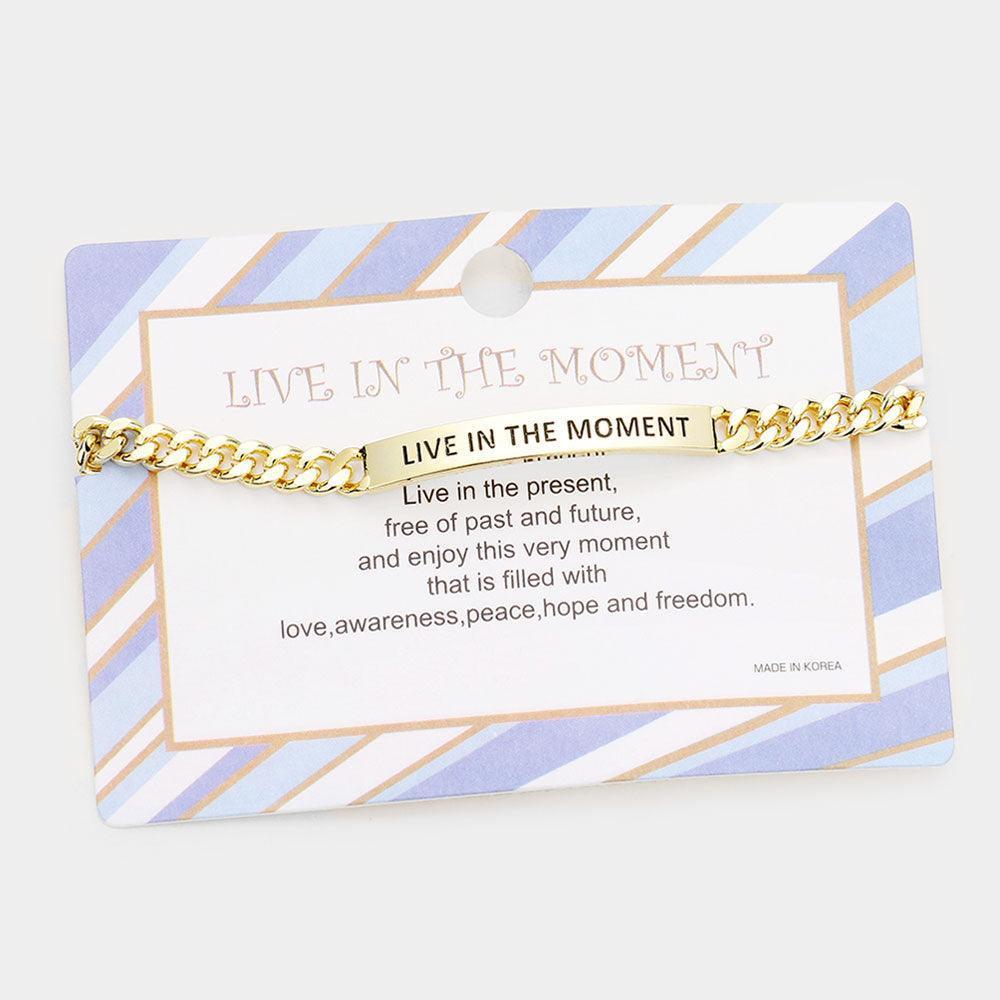 Gold LIVE IN THE MOMENT Curved Metal Bar Message Bracelet - Jewelry Store by Erik Rayo