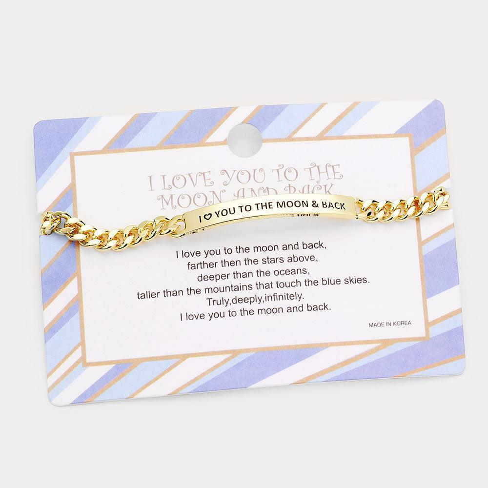 Gold I LOVE YOU TO THE MOON & BACK Curved Metal Bar Message Bracelet - Jewelry Store by Erik Rayo