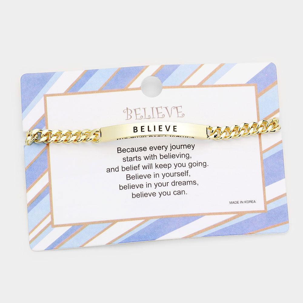 Gold BELIEVE Curved Metal Bar Message Bracelet - Jewelry Store by Erik Rayo