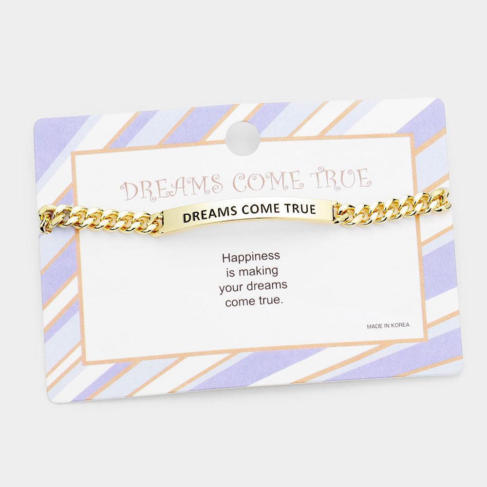 Gold DREAMS COME TRUE Curved Metal Bar Message Bracelet - Jewelry Store by Erik Rayo