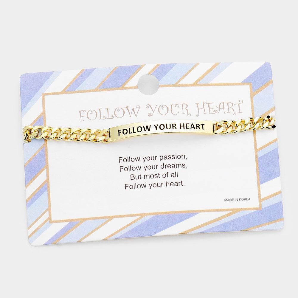 Gold FOLLOW YOUR HEART Curved Metal Bar Message Bracelet - Jewelry Store by Erik Rayo