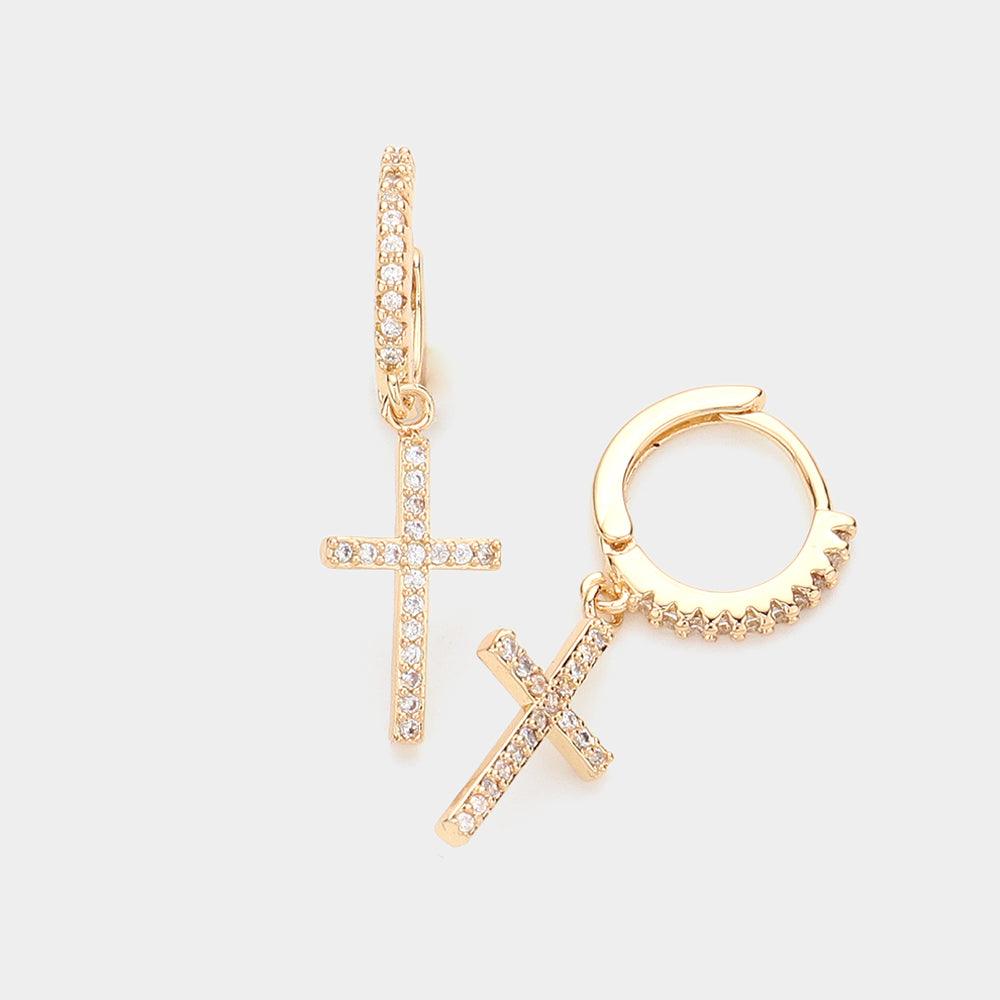 Gold CZ Stone Paved Cross Dangle Huggie Earrings