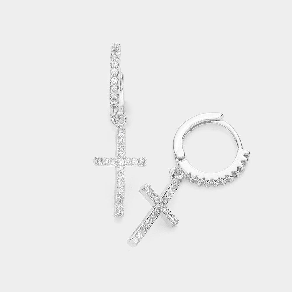 CZ Stone Paved Cross Dangle Huggie Earrings - Jewelry Store by Erik Rayo