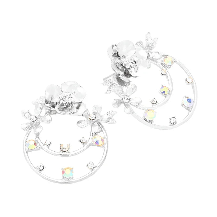 Silver Crystal Embellished Floral Brass Metal Round Dangle Earrings - Jewelry Store by Erik Rayo
