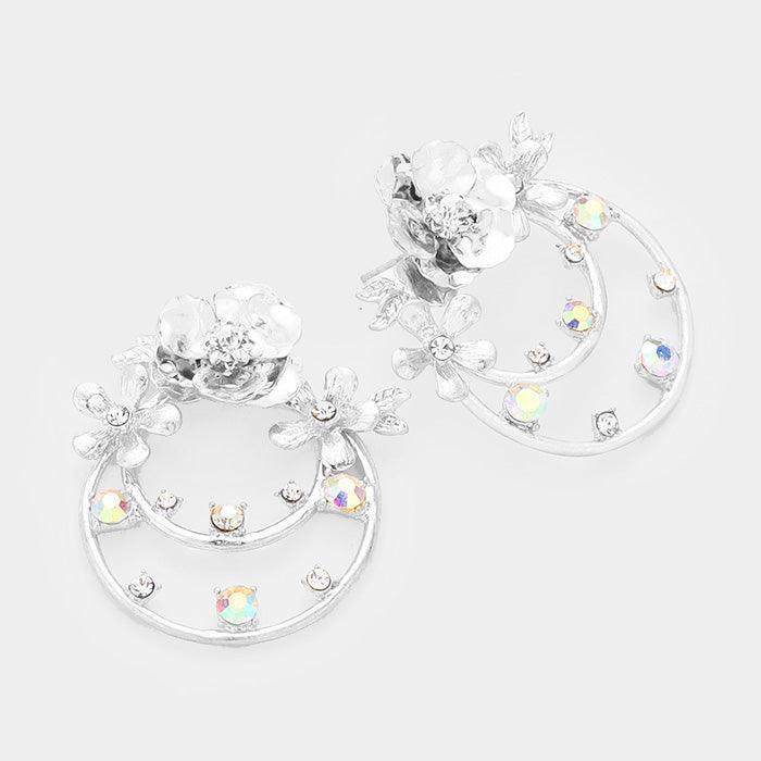 Silver Crystal Embellished Floral Brass Metal Round Dangle Earrings - Jewelry Store by Erik Rayo