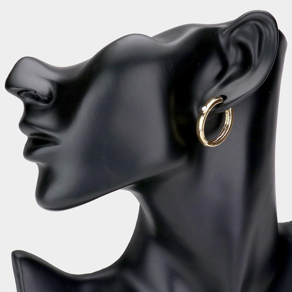 Gold Stone Embellished Metal Hoop Huggie Earrings - Jewelry Store by Erik Rayo