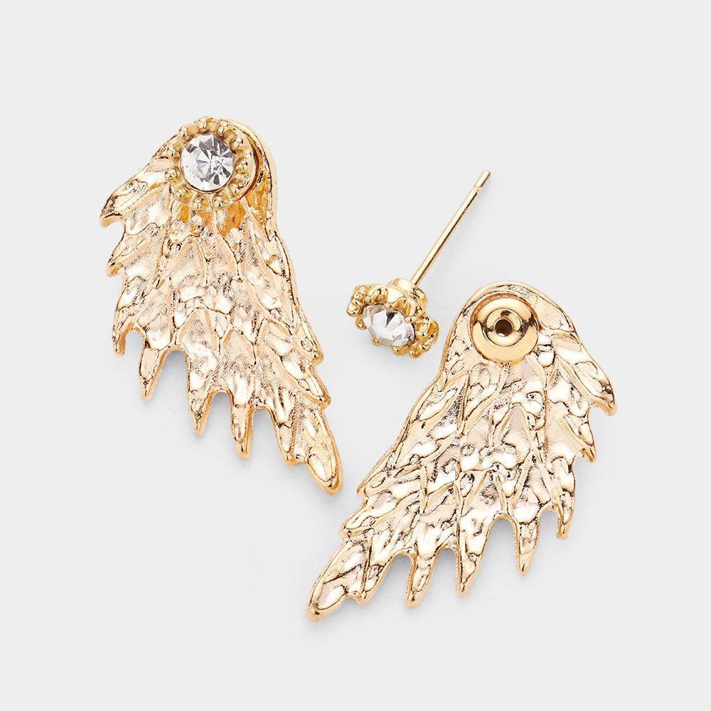 Gold Round Stone Accented Metal Wing Earrings - Jewelry Store by Erik Rayo