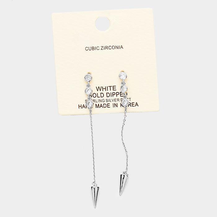 Clear White Gold Dipped Triple Cubic Zirconia Metal Spike Drop Earrings - Jewelry Store by Erik Rayo