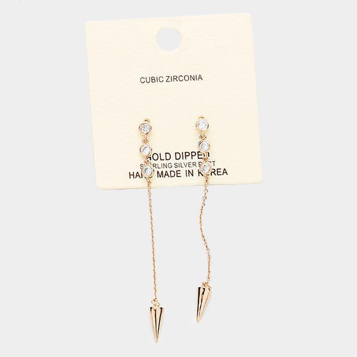 Rose Gold Gold Dipped Triple Cubic Zirconia Metal Spike Drop Earrings - Jewelry Store by Erik Rayo