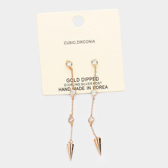 Rose Gold Gold Dipped Triple Cubic Zirconia Metal Spike Drop Earrings - Jewelry Store by Erik Rayo
