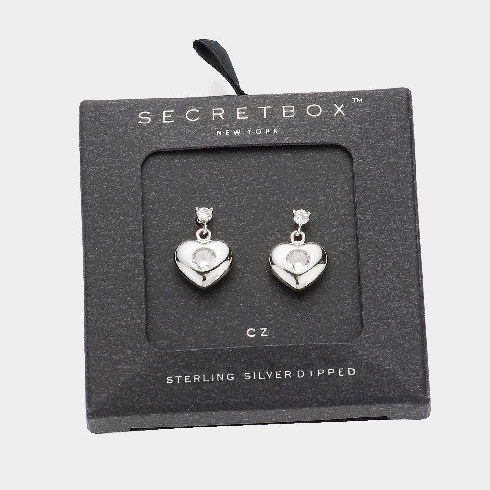 Silver Sterling Silver Dipped CZ Stone Pointed Heart Dangle Earrings