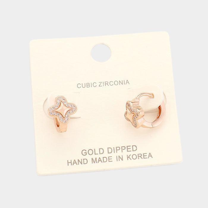 Rose Gold Gold Dipped Cubic Zirconia Quatrefoil Huggie Earrings - Jewelry Store by Erik Rayo