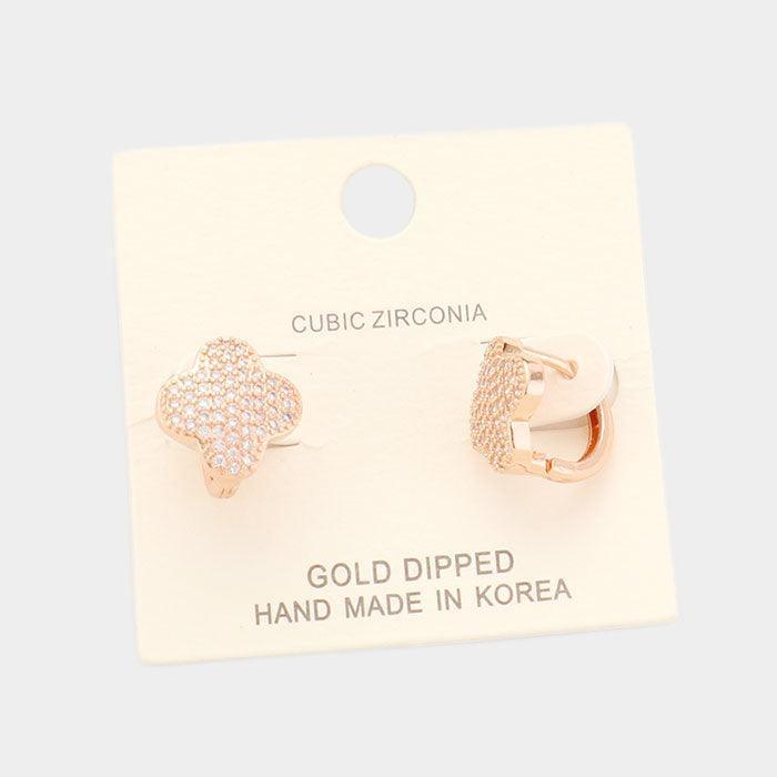 Rose Gold Gold Dipped Cubic Zirconia Quatrefoil Huggie Earrings - Jewelry Store by Erik Rayo