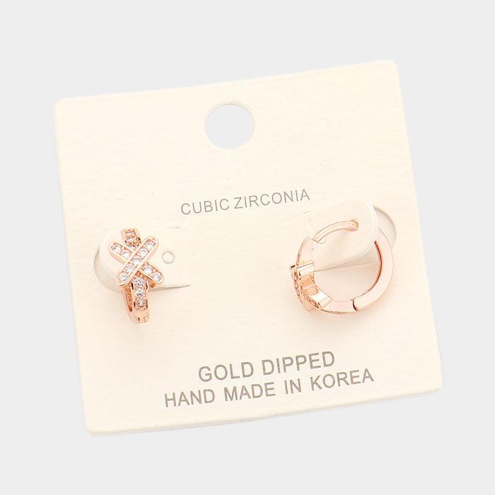 Rose Gold Gold Dipped Cubic Zirconia Crisecross Huggie Earrings