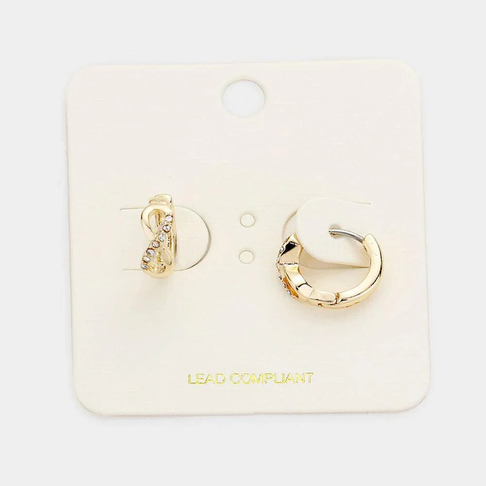Gold Rhinestone Embellished Infinity Accented Metal Hoop Huggie Earrings - Jewelry Store by Erik Rayo