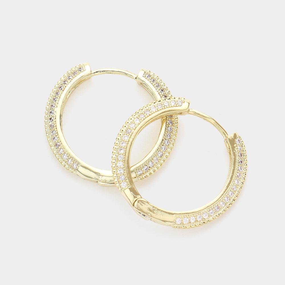 Gold 14K Gold Plated CZ Stone Paved Huggie Hoop Earrings