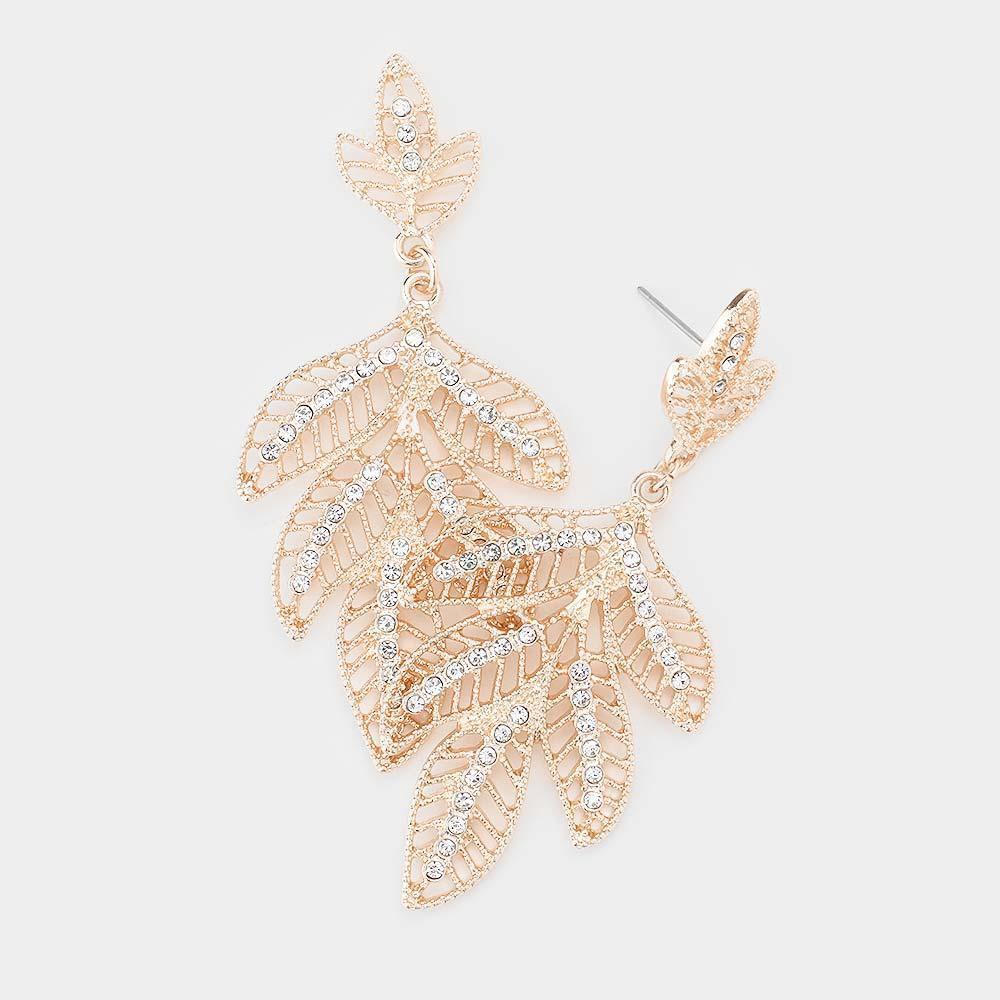 Rose Gold Rhinestone Metal Leaf Earrings - Jewelry Store by Erik Rayo