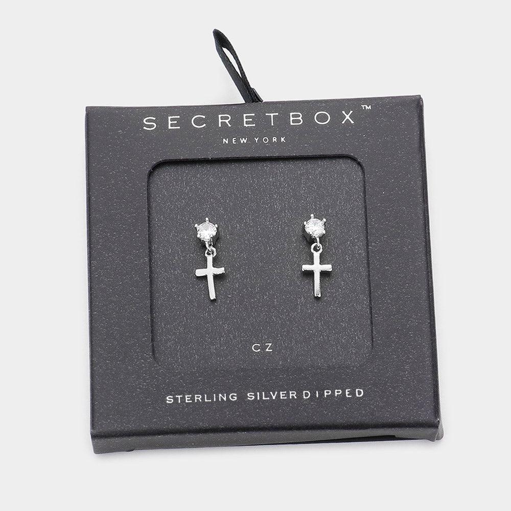 White Sterling Silver Dipped CZ Metal Mini Cross Dangle Earrings