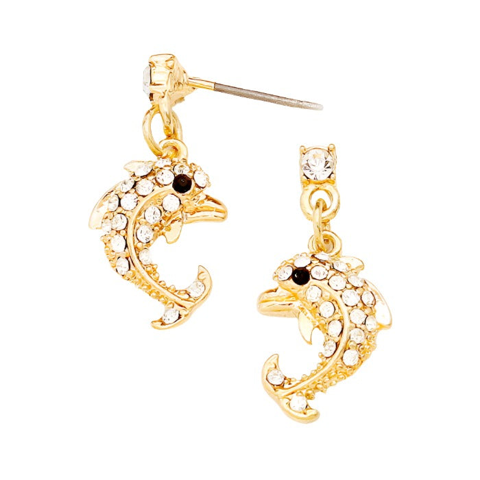 Gold Crystal Accented Dolphin Drop Earrings