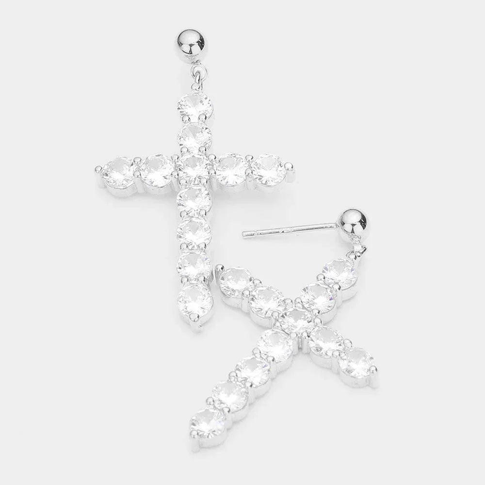 Silver White Gold Dipped CZ Embellished Cross Dangle Earrings - Jewelry Store by Erik Rayo