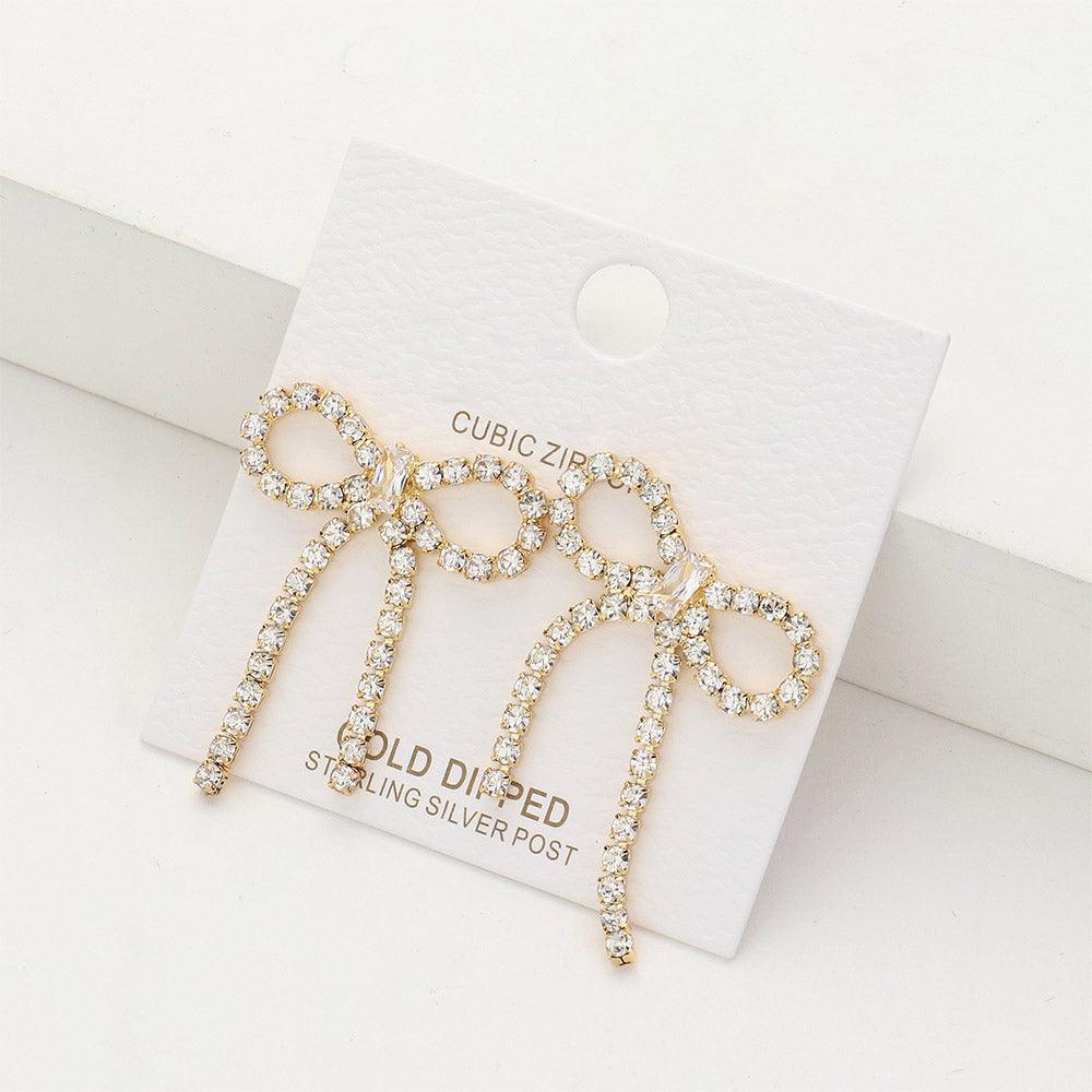 Silver Gold Dipped CZ Stone Paved Bow Earrings