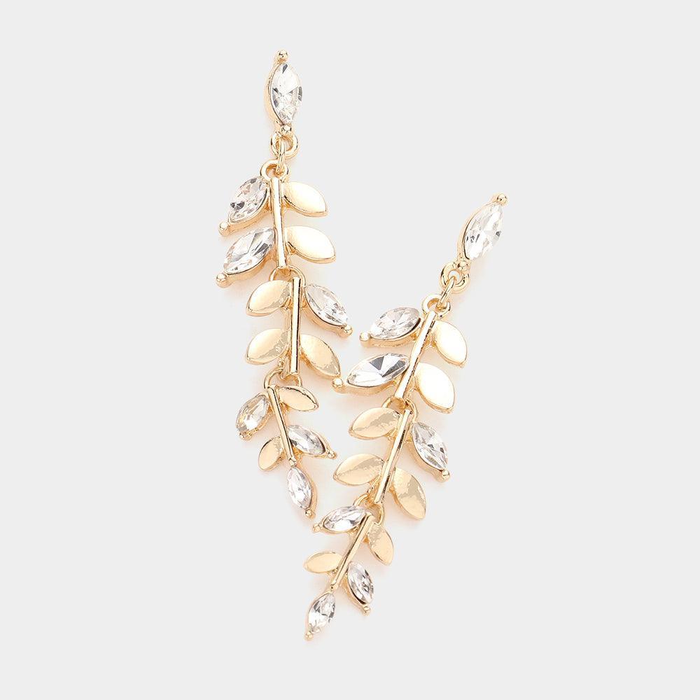 Gold Marquise Stone Accented Leaf Cluster Vine Dangle Earrings