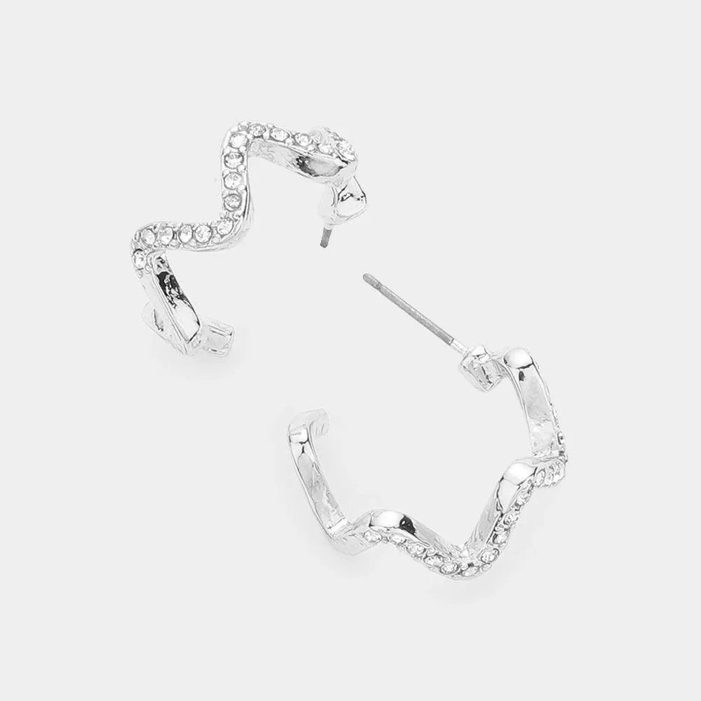 Silver Stone Paved Wavy Metal Hoop Earrings - Jewelry Store by Erik Rayo