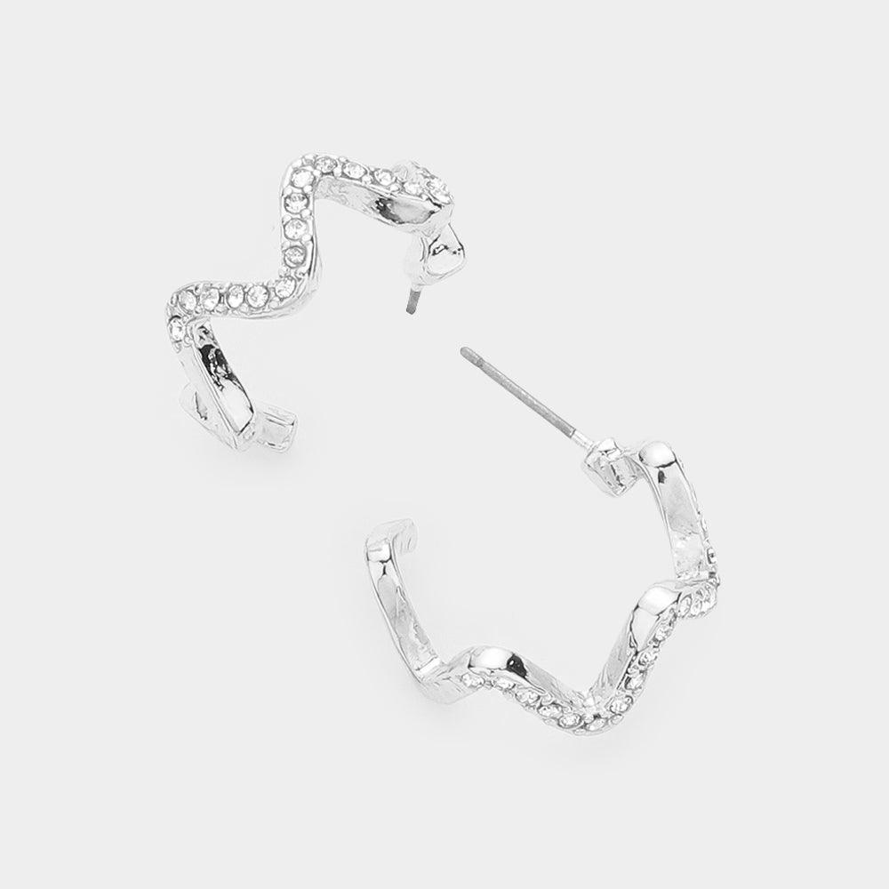 Silver Stone Paved Wavy Metal Hoop Earrings