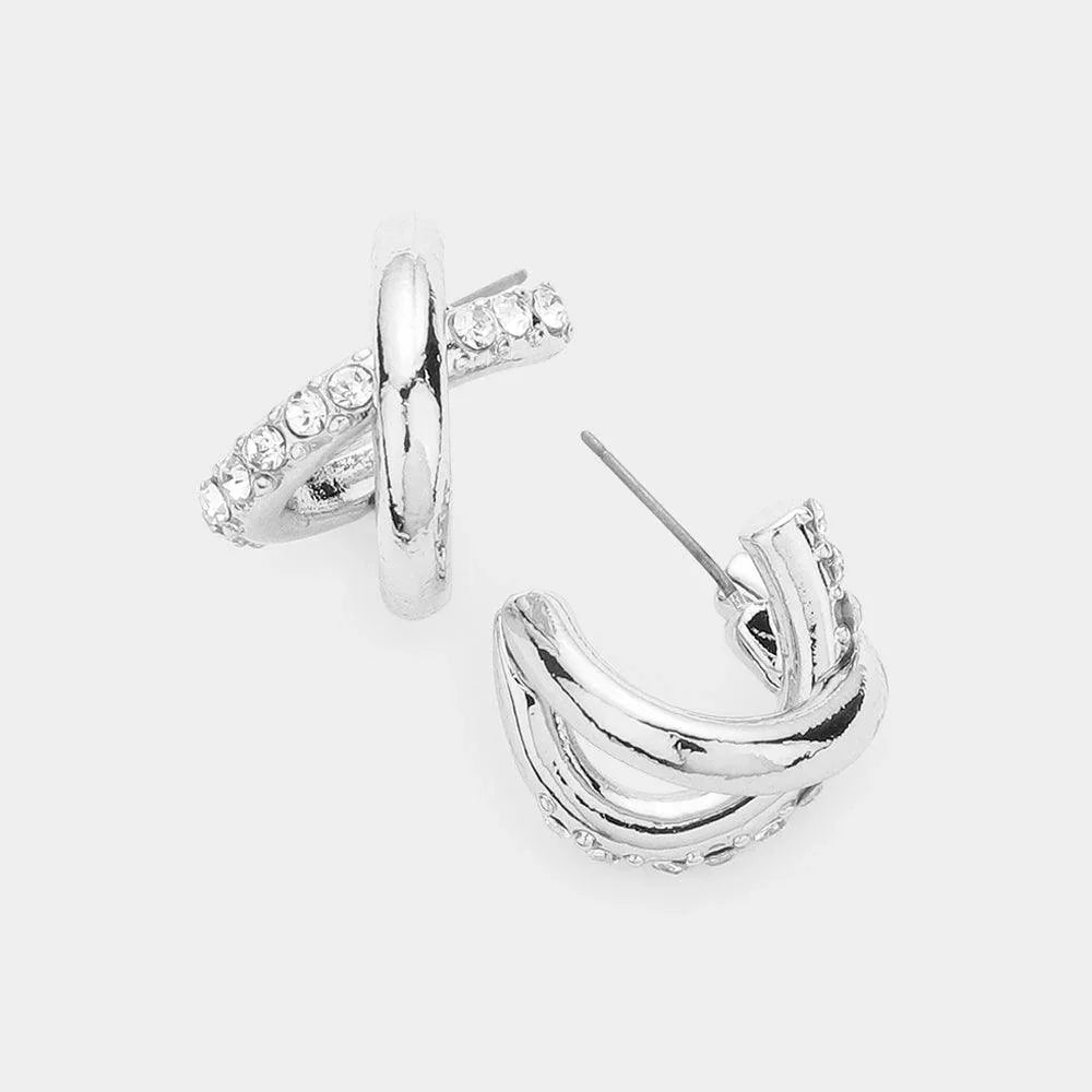 Silver Stone Paved Crossover Hoop Earrings - Jewelry Store by Erik Rayo