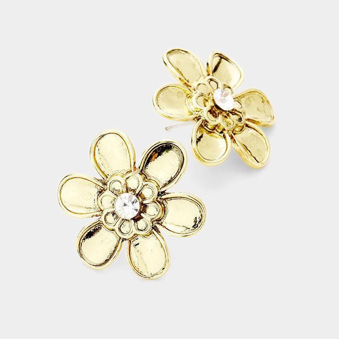 Gold Crystal Centered Metal Flower Stud Earrings - Jewelry Store by Erik Rayo