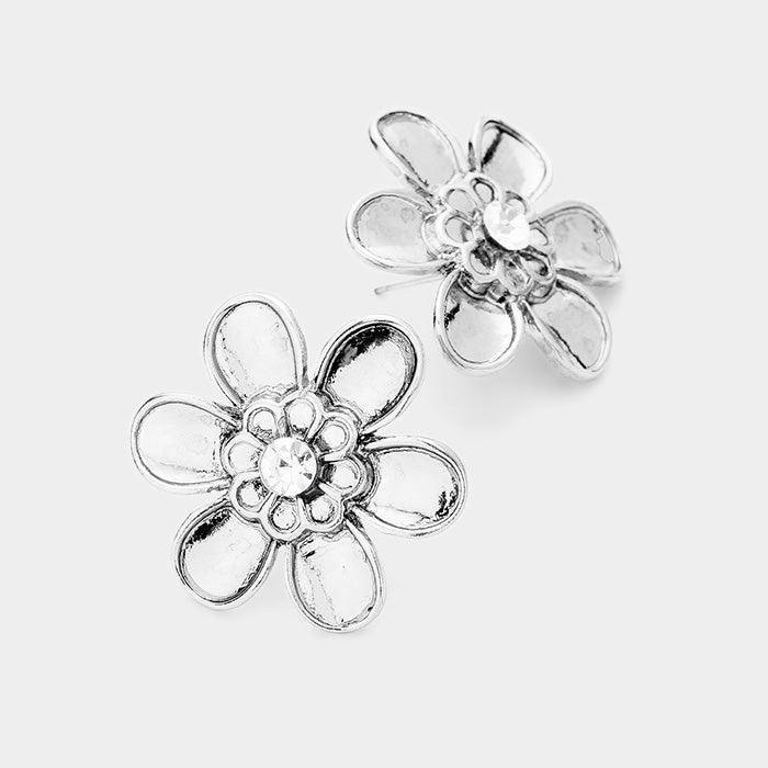 Silver Crystal Centered Metal Flower Stud Earrings - Jewelry Store by Erik Rayo
