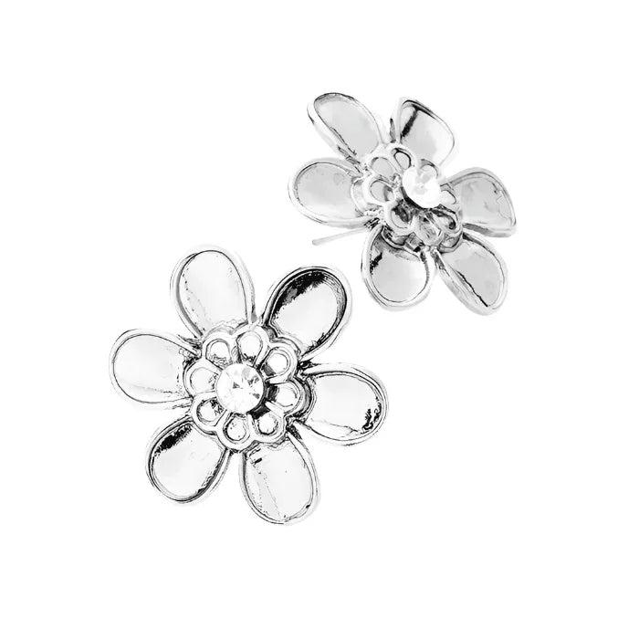 Silver Crystal Centered Metal Flower Stud Earrings - Jewelry Store by Erik Rayo