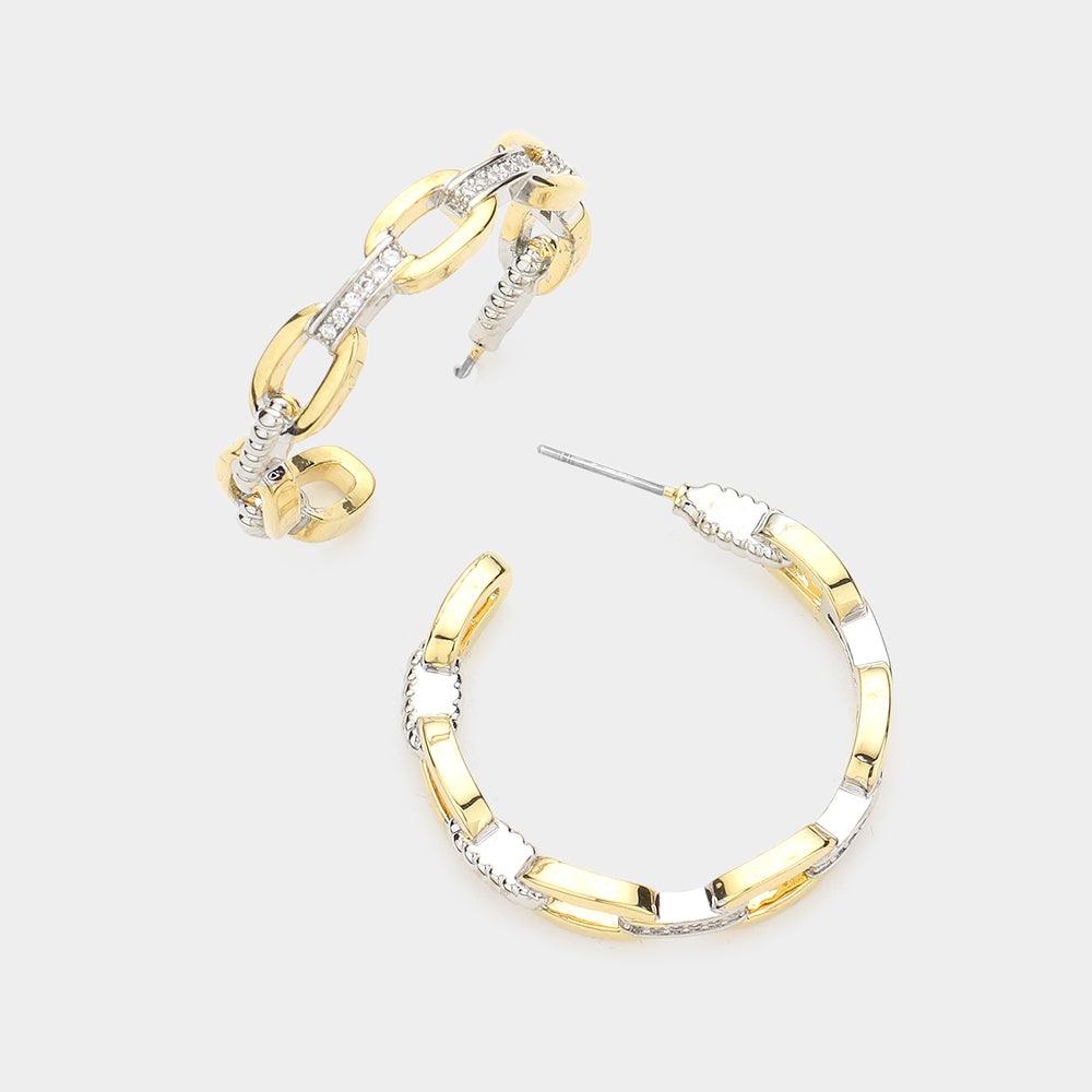 Two Tone Rhinestone Embellished Open Metal Oval Link Hoop Earrings