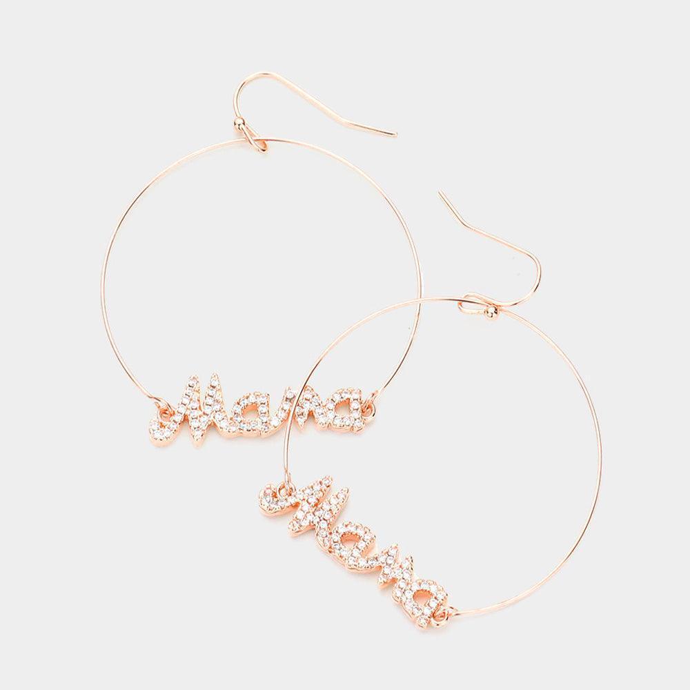Rose Gold Rhinestone Mama Accented Open Metal Circle Dangle Earrings - Jewelry Store by Erik Rayo