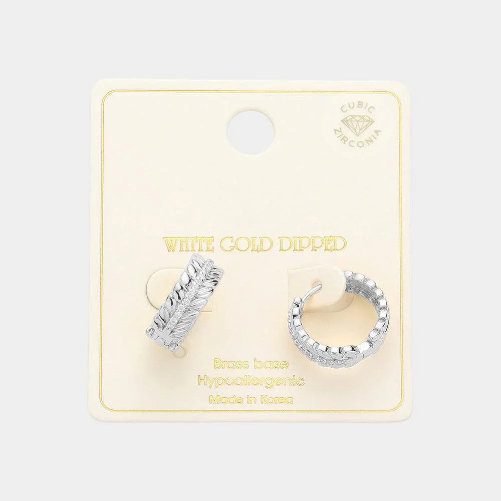 Silver White Gold Dipped Brass Metal CZ Leaf Huggie Hoop Earrings - Jewelry Store by Erik Rayo