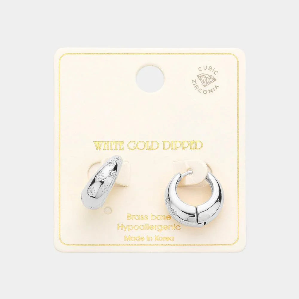 Silver White Gold Dipped CZ Brass Metal Huggie Hoop Earrings - Jewelry Store by Erik Rayo