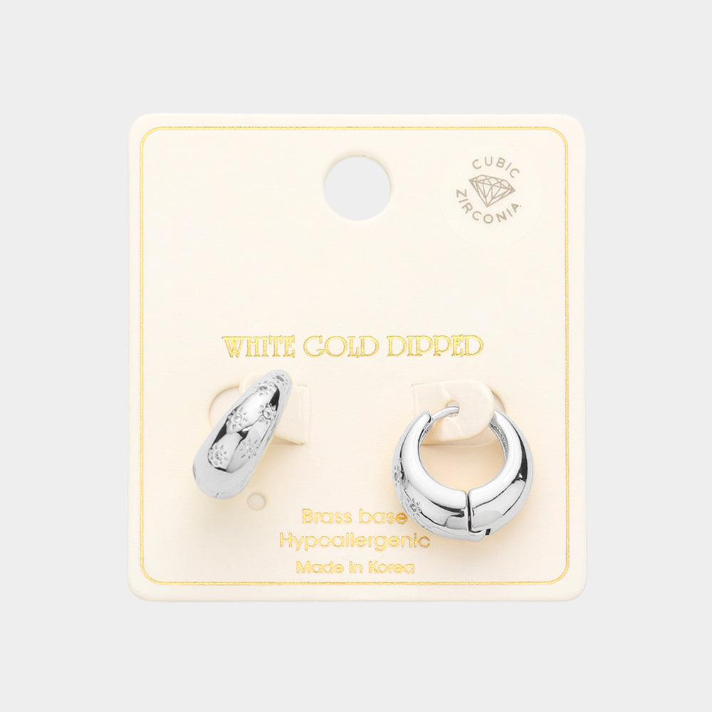 Silver White Gold Dipped CZ Brass Metal Huggie Hoop Earrings