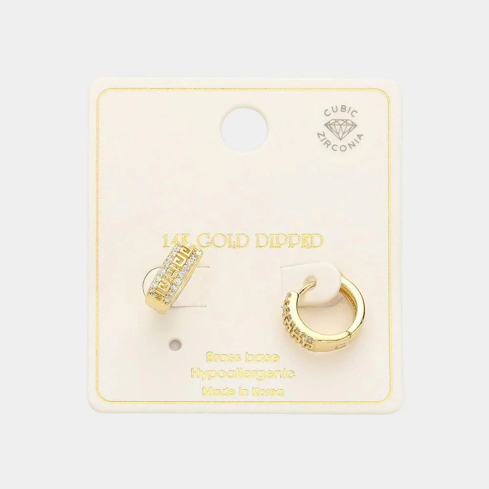 Gold 14K Gold Dipped Brass Metal CZ Pattern Detailed Huggie Hoop Earrings - Jewelry Store by Erik Rayo