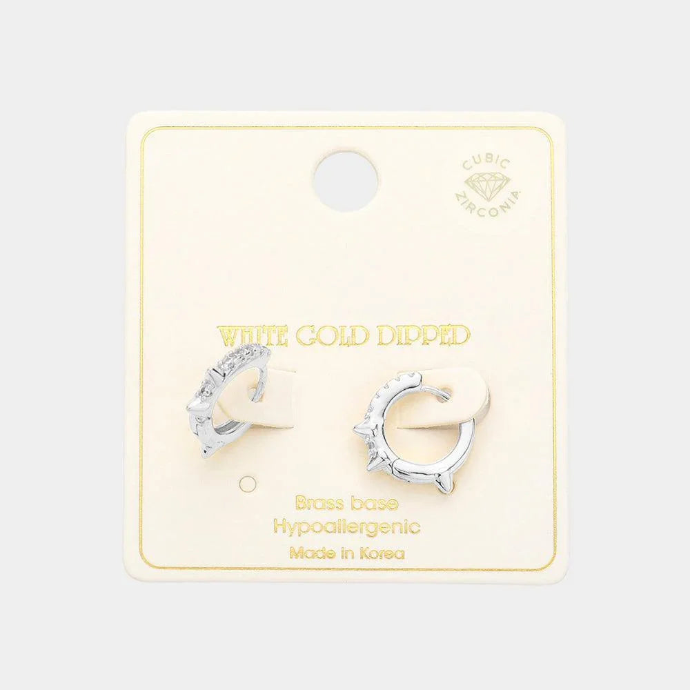 Silver White Gold Dipped Brass Metal CZ Huggie Hoop Earrings - Jewelry Store by Erik Rayo