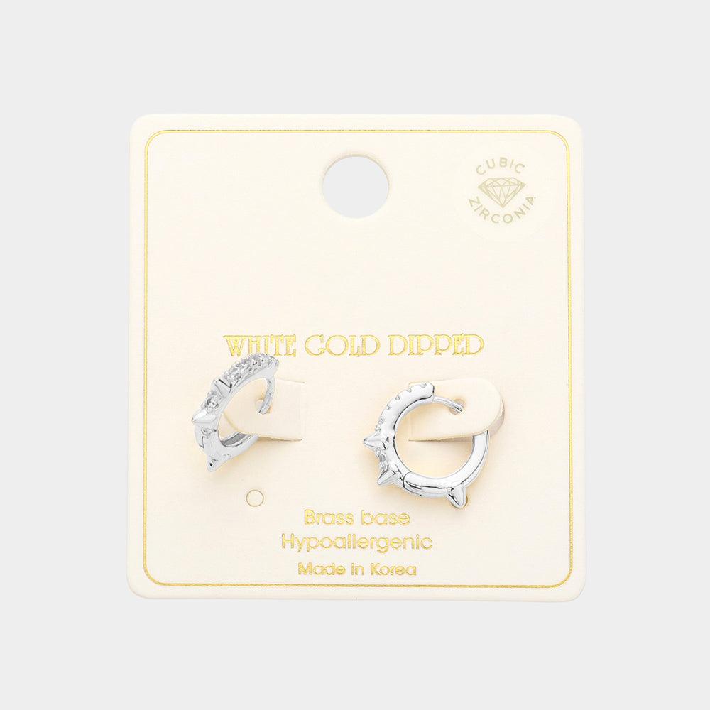 Silver White Gold Dipped Brass Metal CZ Huggie Hoop Earrings