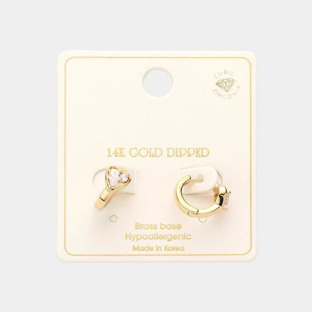 Gold 14K Gold Dipped CZ Brass Metal Heart Accented Huggie Hoop Earrings - Jewelry Store by Erik Rayo