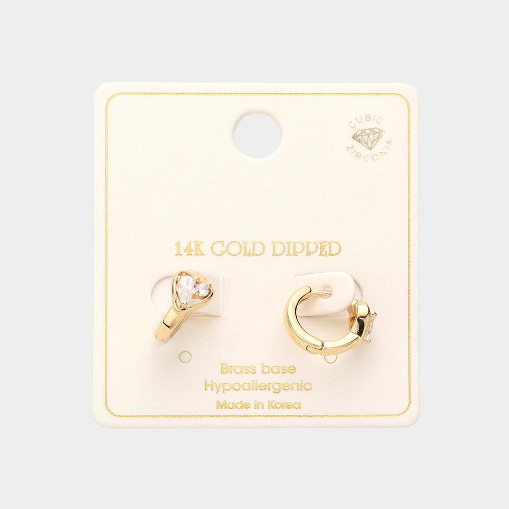 Gold 14K Gold Dipped CZ Brass Metal Heart Accented Huggie Hoop Earrings