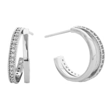 Load image into Gallery viewer, Silver White Gold Dipped CZ Stone Paved Split Metal Hoop Earrings
