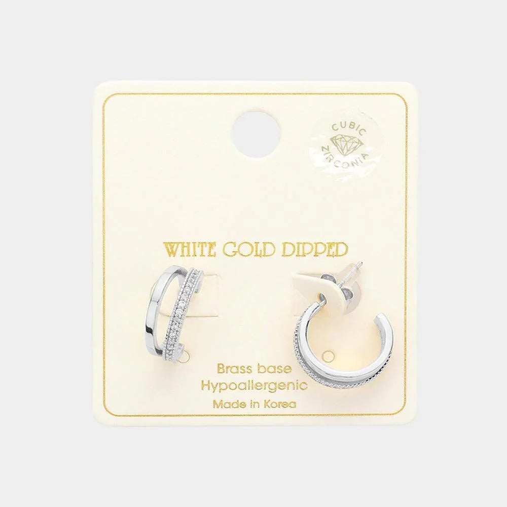 Silver White Gold Dipped CZ Stone Paved Split Metal Hoop Earrings - Jewelry Store by Erik Rayo