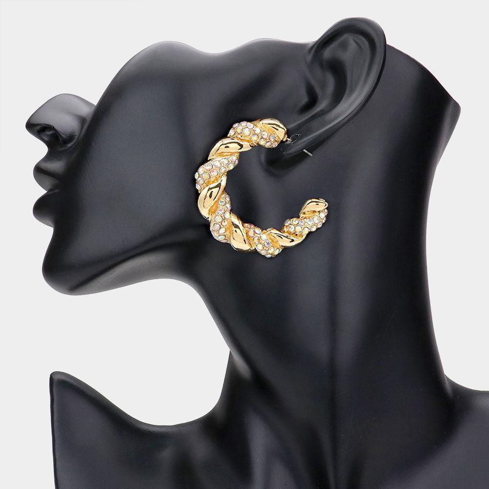 Gold Rhinestone Embellished Braided Metal Half Hoop Earrings - Jewelry Store by Erik Rayo