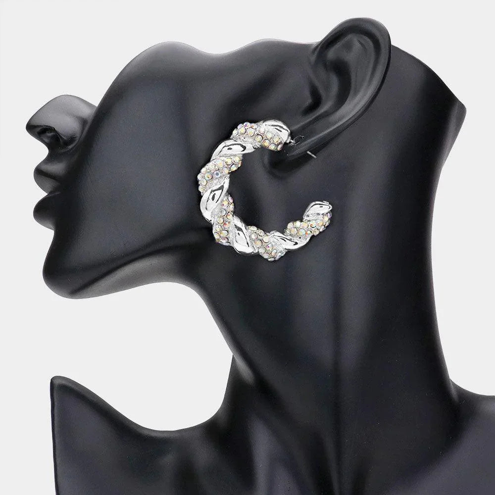 Rhinestone Embellished Braided Metal Half Hoop Earrings - Jewelry Store by Erik Rayo